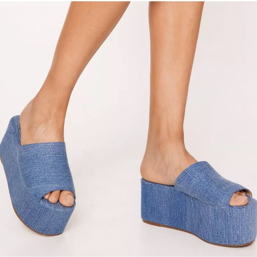 Nasty gal Women's Denim Blue Platform Wedge Sandals Sz38(8)